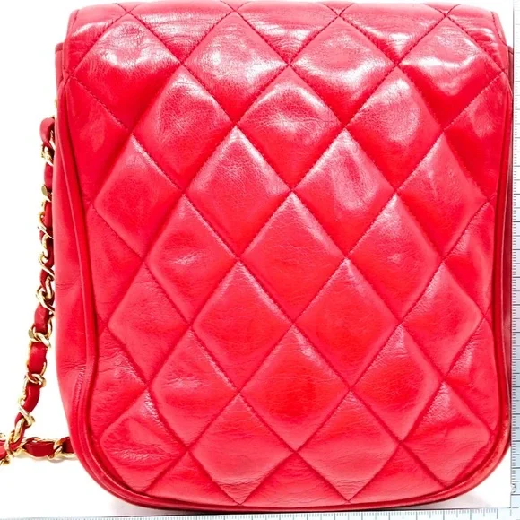 AUTH Chanel Quilted Lambskin 24K Gold Plated Mini Single Flap Bag Red